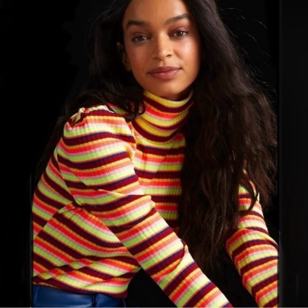 Maeve by Anthropologie Neon Striped Ribbed Turtleneck Size S